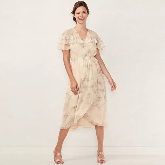 LC Lauren Conrad Dresses & Skirts - LC Lauren Conrad Watercolor Ruffle Faux Wrap Flounce Sleeve Dress Romantic Fairy
